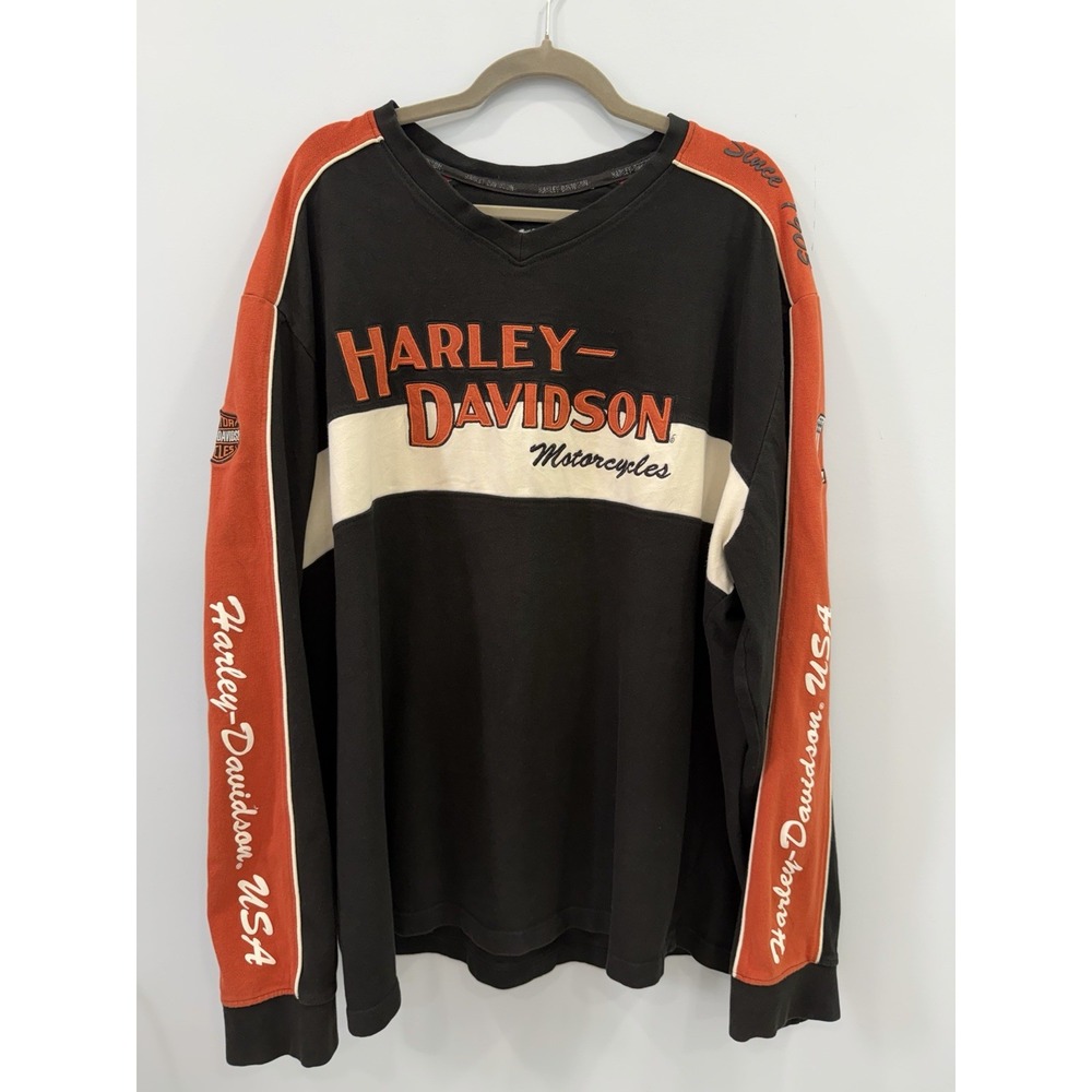 Harley Davidson 3XL Men's Black Orange Motorcycle Long Sleeve Cotton Shirt